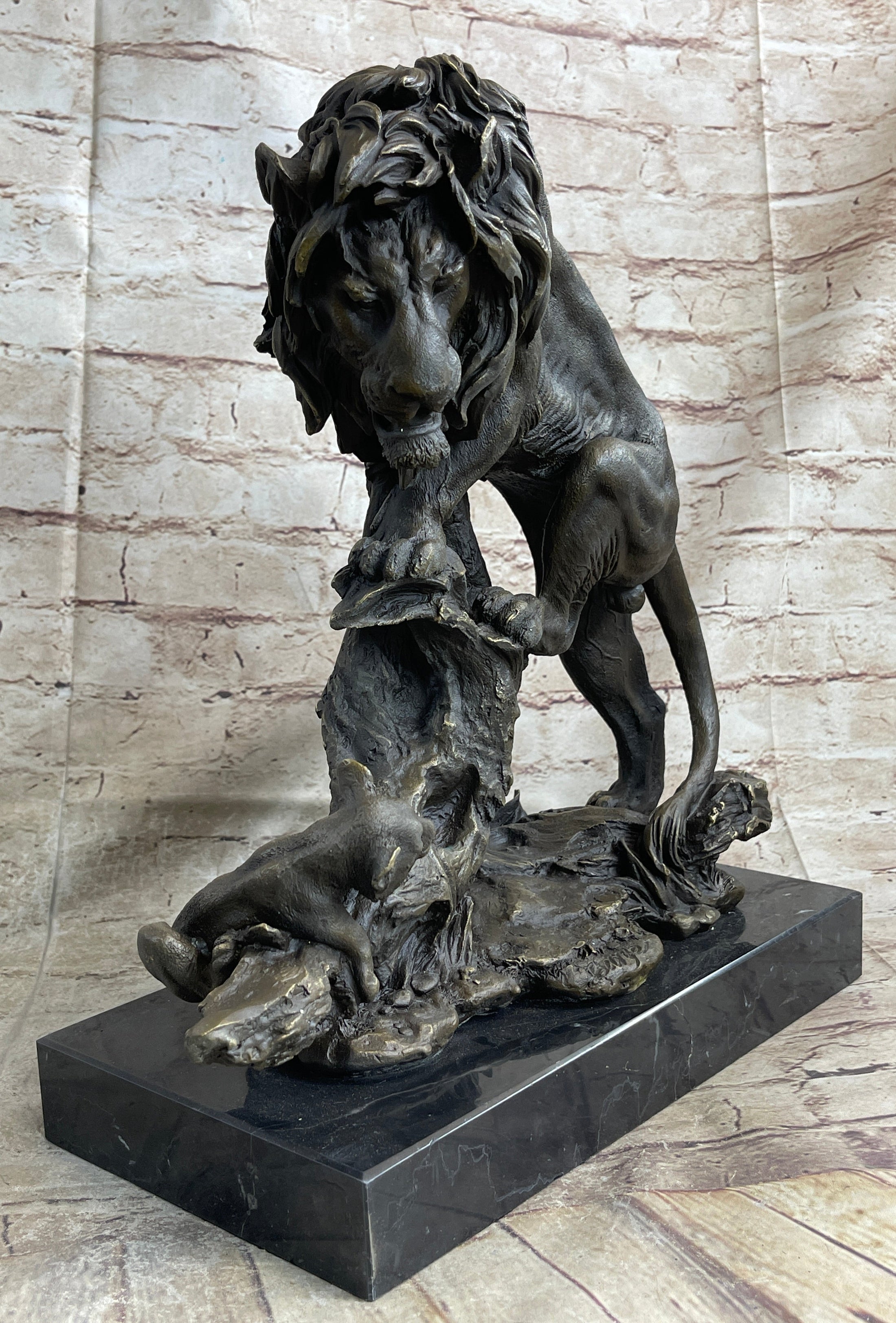 Male Lion w/ Cub Bronze Statue Sculpture Figure Barye Decor 14" x 12"