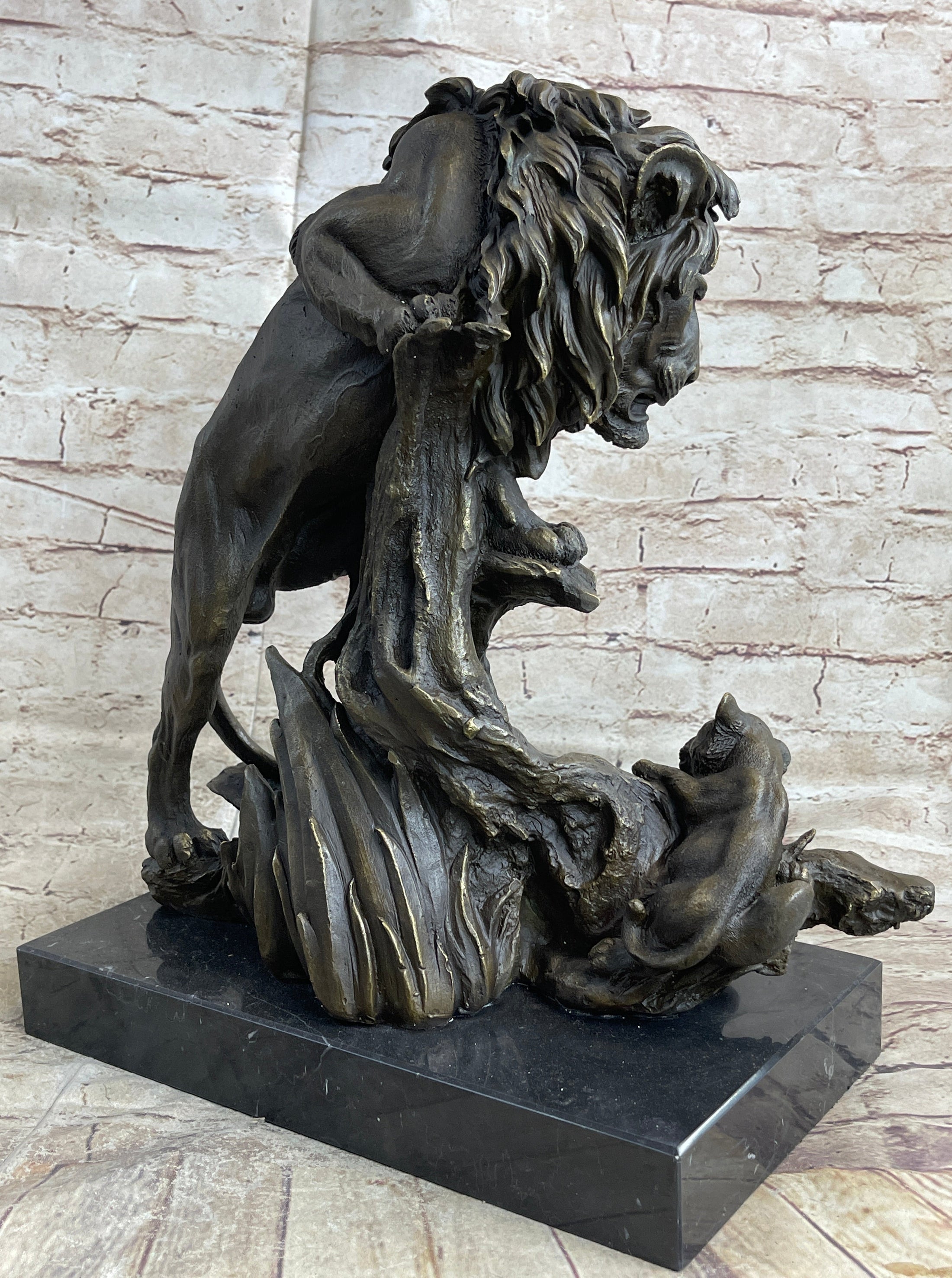 Male Lion w/ Cub Bronze Statue Sculpture Figure Barye Decor 14" x 12"