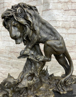 Male Lion w/ Cub Bronze Statue Sculpture Figure Barye Decor 14