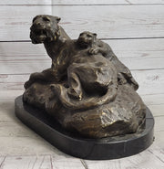Lion Tiger & Cub Bronze Statue Sculpture Wildlife Figure Decor Handmade Art