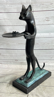 Standing Cat Holding Tray Business Card Holder Bronze Sculpture Statue Original Art Decor