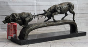 Elk Reindeer Caribou vs. Bear Bronze Sculpture Statue Wildlife Original Art Decor
