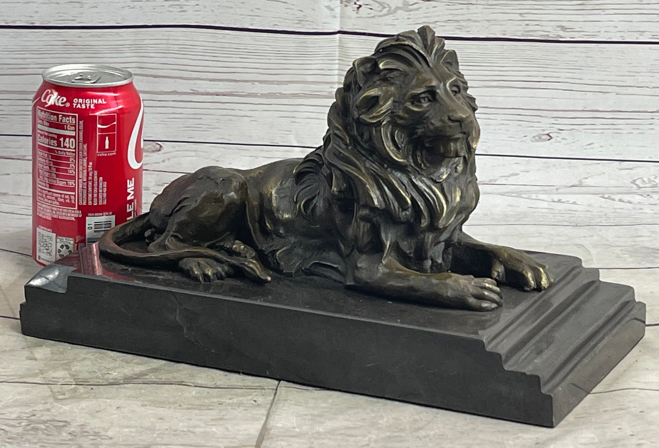 Male Guardian Lion Bronze Statue Sculpture Figure Marble Base Antoine Barye 7" x 12"