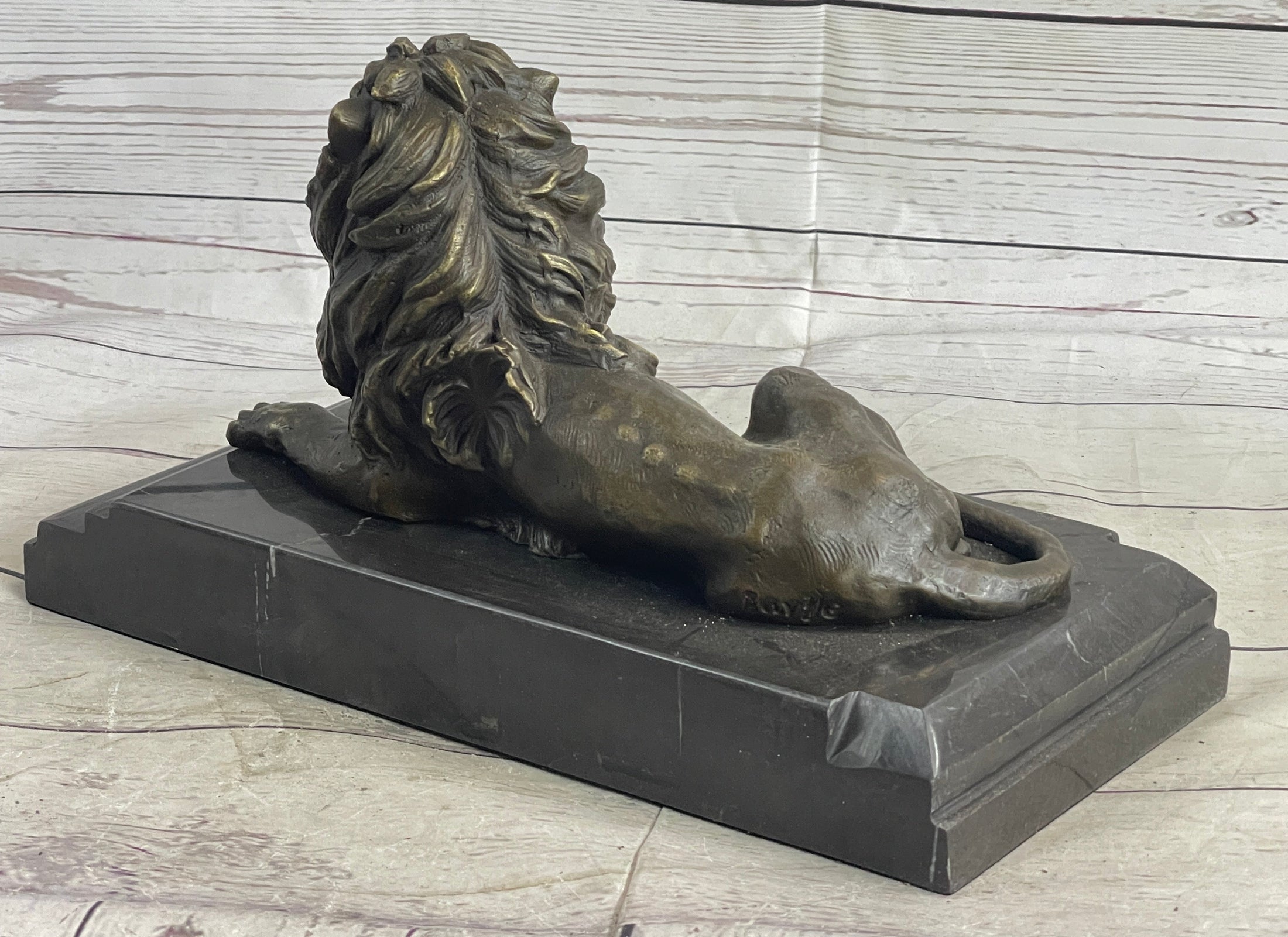 Male Guardian Lion Bronze Statue Sculpture Figure Marble Base Antoine Barye 7" x 12"