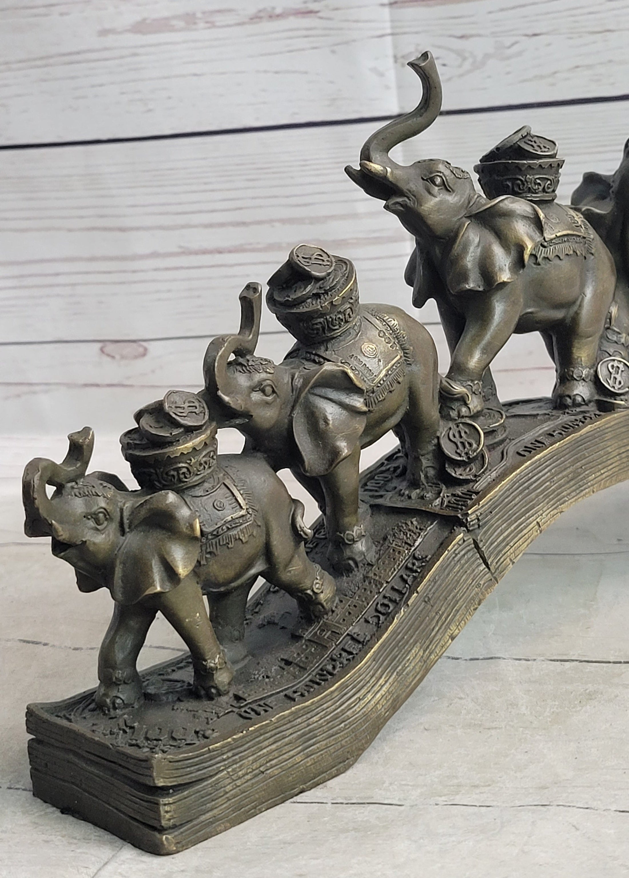 Elephants Crossing Bridge Carrying Money Fortune Lucky Bronze Sculpture Statue Art Decor