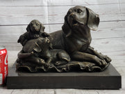 Mother Dog and 2 Puppies Bronze Sculpture Statue Pet Decor Signed Art Marble Base