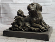Mother Dog and 2 Puppies Bronze Sculpture Statue Pet Decor Signed Art Marble Base