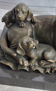 Mother Dog and 2 Puppies Bronze Sculpture Statue Pet Decor Signed Art Marble Base
