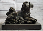 Mother Dog and 2 Puppies Bronze Sculpture Statue Pet Decor Signed Art Marble Base