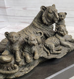 Tiger Family Cubs Asian Wildlife Bronze Sculpture Statue Figure Signed Art Marble Base