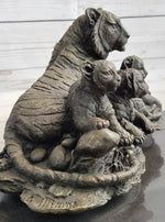 Tiger Family Cubs Asian Wildlife Bronze Sculpture Statue Figure Signed Art Marble Base