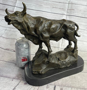 Bull Cow Cattle Farm Animal Bronze Metal Statue Sculpture on Marble Base