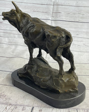 Bull Cow Cattle Farm Animal Bronze Metal Statue Sculpture on Marble Base