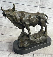 Bull Cow Cattle Farm Animal Bronze Metal Statue Sculpture on Marble Base
