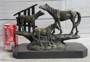 Horse Farm Horses Behind Stables Bronze Sculpture Statue Figure Equestrian Art Decor
