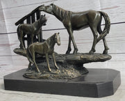 Horse Farm Horses Behind Stables Bronze Sculpture Statue Figure Equestrian Art Decor