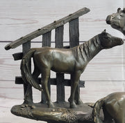 Horse Farm Horses Behind Stables Bronze Sculpture Statue Figure Equestrian Art Decor