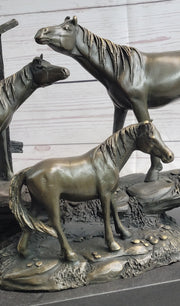 Horse Farm Horses Behind Stables Bronze Sculpture Statue Figure Equestrian Art Decor