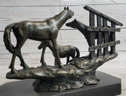 Horse Farm Horses Behind Stables Bronze Sculpture Statue Figure Equestrian Art Decor