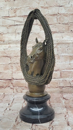 Bronze Horse Head with Braided Lasso Sculpture on Marble Base