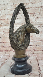Bronze Horse Head with Braided Lasso Sculpture on Marble Base