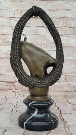 Bronze Horse Head with Braided Lasso Sculpture on Marble Base