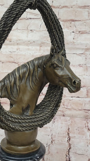Bronze Horse Head with Braided Lasso Sculpture on Marble Base