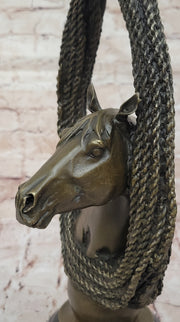 Bronze Horse Head with Braided Lasso Sculpture on Marble Base