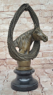 Bronze Horse Head with Braided Lasso Sculpture on Marble Base