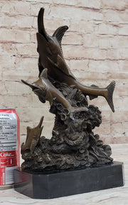Original Bronze Statue Sculpture of Marlin Sailfish Swordfish Jumping out of Ocean on Marble Base