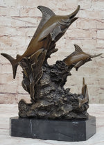 Original Bronze Statue Sculpture of Marlin Sailfish Swordfish Jumping out of Ocean on Marble Base