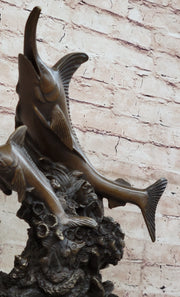 Original Bronze Statue Sculpture of Marlin Sailfish Swordfish Jumping out of Ocean on Marble Base