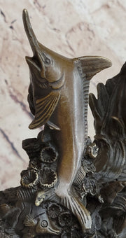 Original Bronze Statue Sculpture of Marlin Sailfish Swordfish Jumping out of Ocean on Marble Base