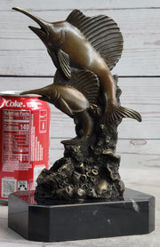 Marlins Sailfish Swordfish Jumping Out of Ocean Bronze Sculpture Statue Decor on Marble Base