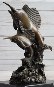 Marlins Sailfish Swordfish Jumping Out of Ocean Bronze Sculpture Statue Decor on Marble Base