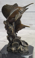 Load image into Gallery viewer, Marlins Sailfish Swordfish Jumping Out of Ocean Bronze Sculpture Statue Decor on Marble Base
