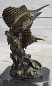 Marlins Sailfish Swordfish Jumping Out of Ocean Bronze Sculpture Statue Decor on Marble Base