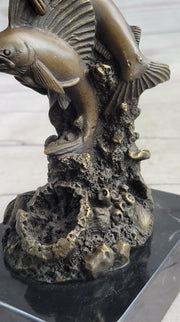 Marlins Sailfish Swordfish Jumping Out of Ocean Bronze Sculpture Statue Decor on Marble Base