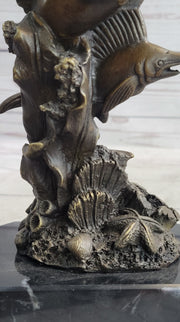 Marlins Sailfish Swordfish Jumping Out of Ocean Bronze Sculpture Statue Decor on Marble Base