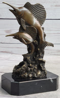 Load image into Gallery viewer, Marlins Sailfish Swordfish Jumping Out of Ocean Bronze Sculpture Statue Decor on Marble Base
