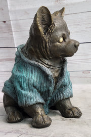 Chihuahua Puppy Dog Wearing Blue Sweater Bronze Metal Figurine Sculpture Decor