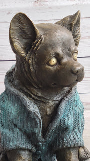 Chihuahua Puppy Dog Wearing Blue Sweater Bronze Metal Figurine Sculpture Decor