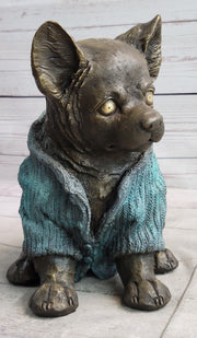 Chihuahua Puppy Dog Wearing Blue Sweater Bronze Metal Figurine Sculpture Decor
