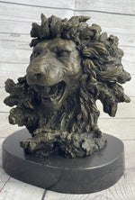 Roaring Lion's Head Lion Bust Bronze Sculpture Statue Figure Marble Base 9