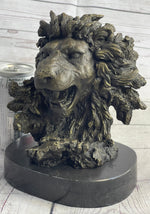 Roaring Lion's Head Lion Bust Bronze Sculpture Statue Figure Marble Base 9