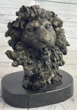 Roaring Lion's Head Lion Bust Bronze Sculpture Statue Figure Marble Base 9