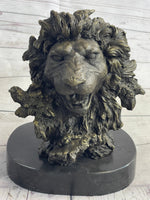 Roaring Lion's Head Lion Bust Bronze Sculpture Statue Figure Marble Base 9