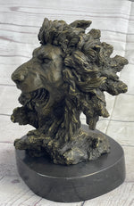 Roaring Lion's Head Lion Bust Bronze Sculpture Statue Figure Marble Base 9
