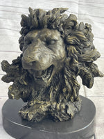 Roaring Lion's Head Lion Bust Bronze Sculpture Statue Figure Marble Base 9