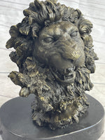 Roaring Lion's Head Lion Bust Bronze Sculpture Statue Figure Marble Base 9